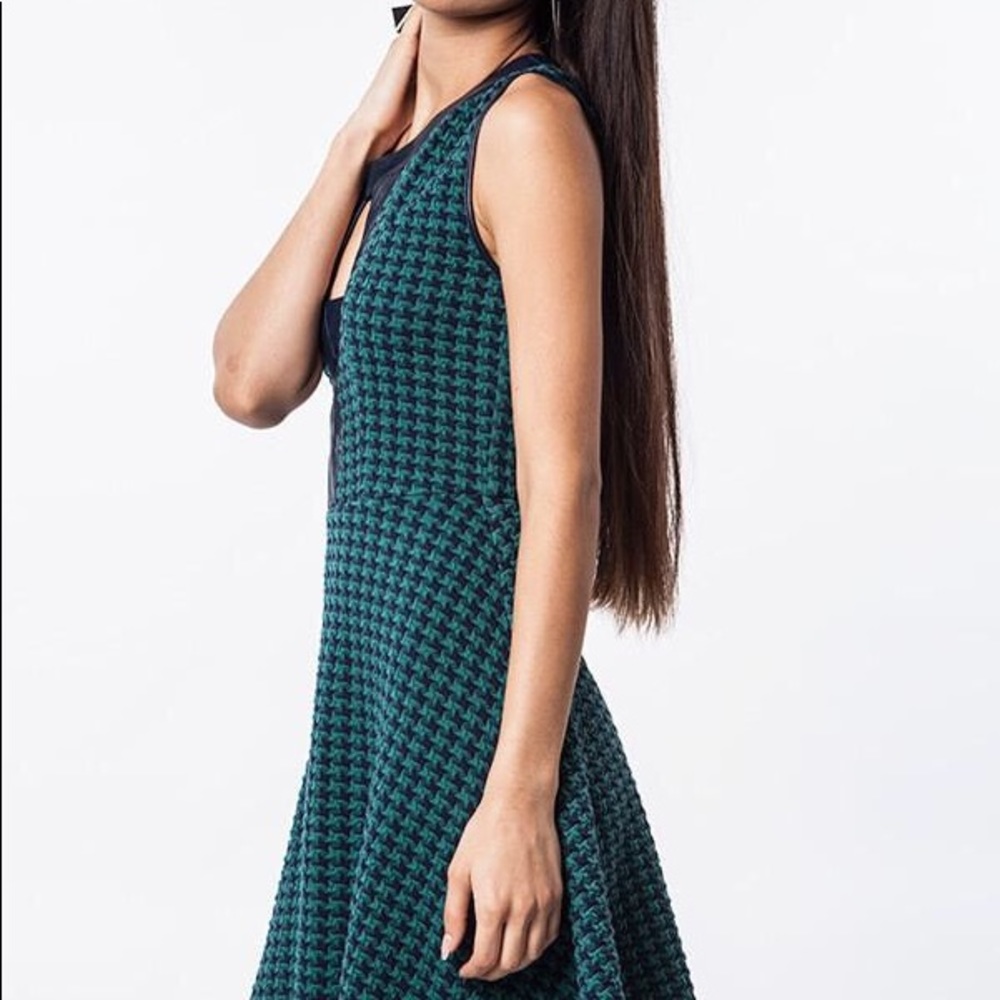 Green and Navy Houndstooth Fit and Flare Dress - Picture 3 of 6